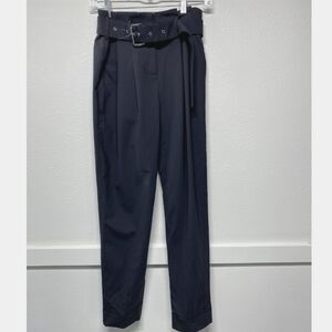 NWOT MICHAEL Michael Kors Black Wool Blend High Rise Belted Work Pants Size 0